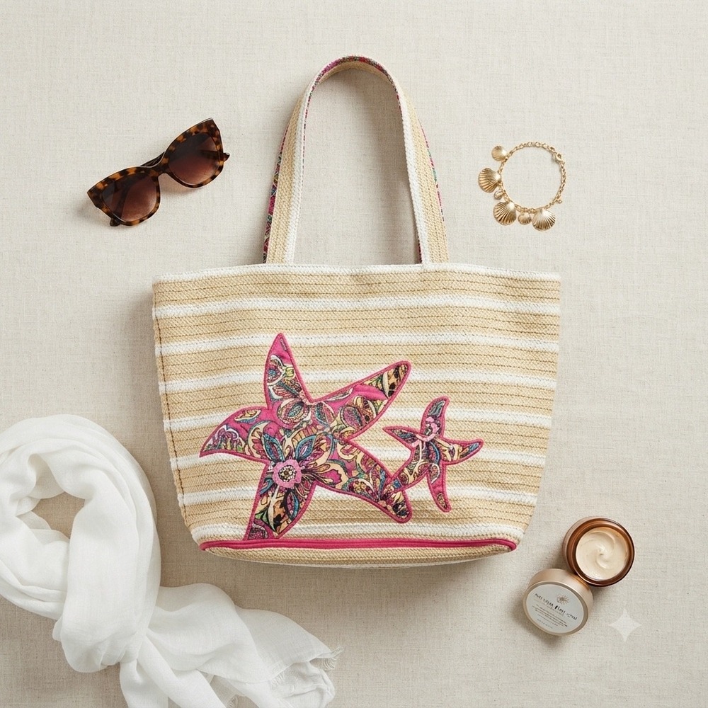 Vera Bradley Seashore Beach Bag Large Tan Sunburst Floral Starfish Straw Tote